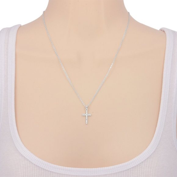 Sterling Silver Micropave Milgrain Cross Necklace - Picture 2 of 4